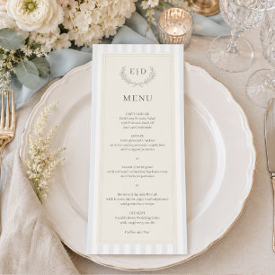 Blau & Salbei gestreifte Monogramm-Hochzeit Menükarte