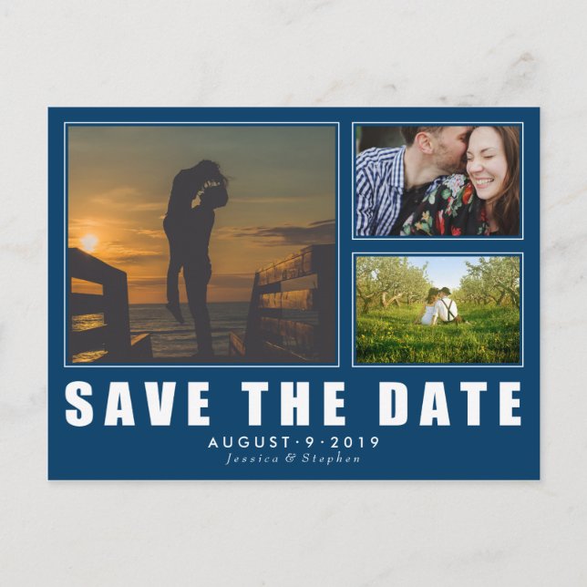 Blau Save the Date 3 Foto Moderne Postkarte (Vorderseite)