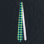 Blau, schwarz und gelb karierte Krawatte<br><div class="desc">Krawatte mit blauen,  schwarzen und gelben Schachbrettmuster in den Farben der Bahamas-Flagge</div>