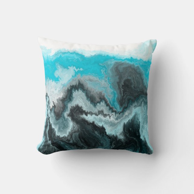 Blau, Schwarz und Grau-Marmor Fluid Art Kissen (Vorderseite)