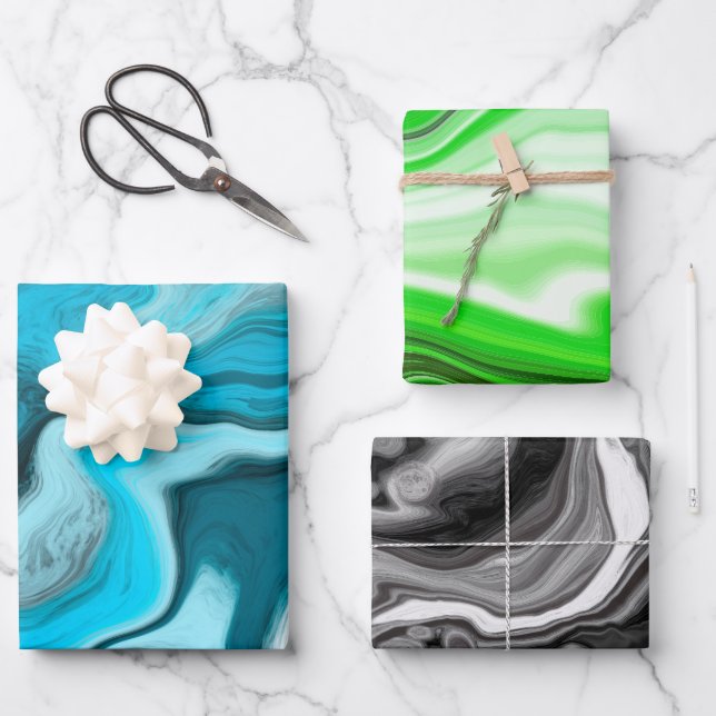 Blau, Schwarz und Grüne Marmorflüssigkeit Kunst Geschenkpapier Set (Vorderseite)