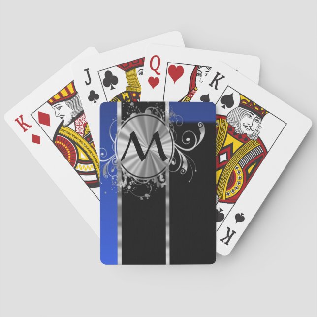 Blau, schwarz und silber, Monogramm Spielkarten (Rückseite)