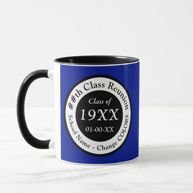 Blau, Schwarz und Weiß, Class-Wiedersehen-Tasse Tasse (Links)