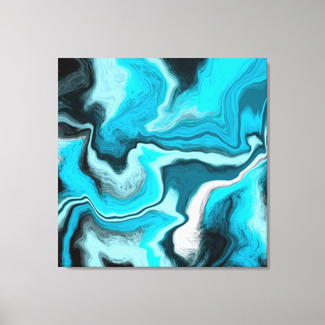 Blau, Schwarz und Weiß-Marmor-Fluid Art Leinwanddruck (Vorderseite)