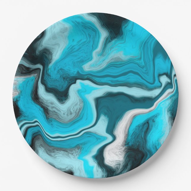 Blau, Schwarz und Weiß-Marmor-Fluid Art Pappteller (Vorderseite)