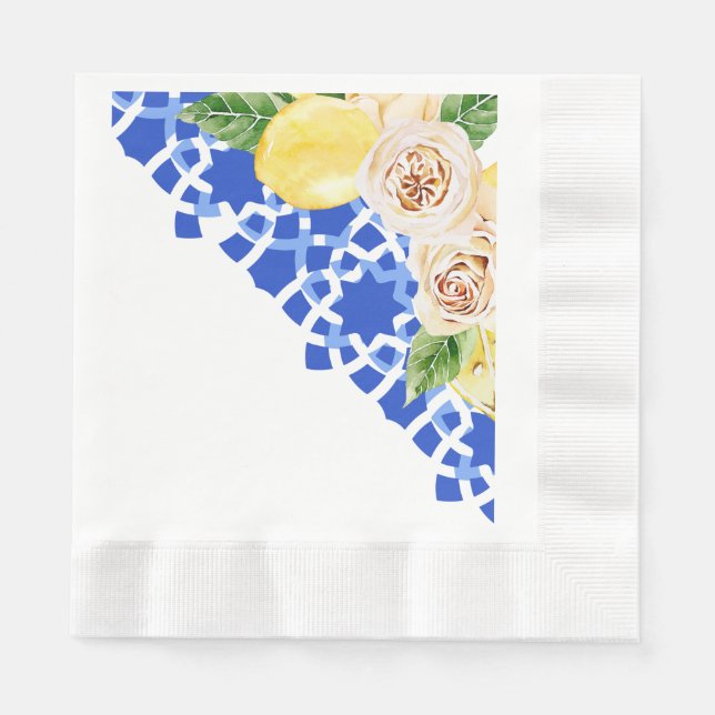 Blau-schwarze Sommerfliesen und Zitronen Serviette (Vorderseite)