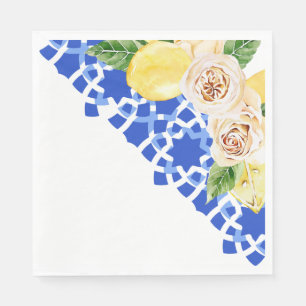 Blau-schwarze Sommerfliesen und Zitronen Serviette