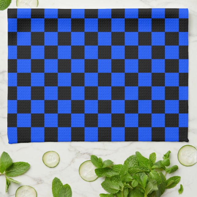 Blau-schwarzes Schachbrettmuster Geschirrtuch (Gefaltet)