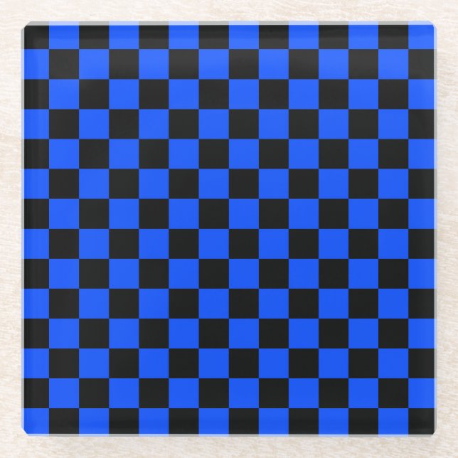 Blau-schwarzes Schachbrettmuster Glasuntersetzer (Vorderseite)