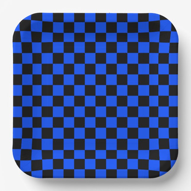 Blau-schwarzes Schachbrettmuster Pappteller (Vorderseite)