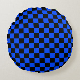 Blau-schwarzes Schachbrettmuster Rundes Kissen