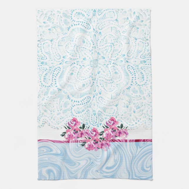 Blau Shabby Chic Lacey Pink Blumenkocher Handtuch (Vertikal)