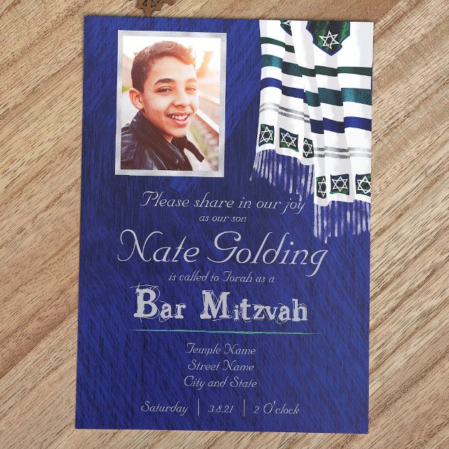 Blau, Silber, Aquamarines Tallit Bar Mitzvah Einla Einladung (Royal Blue Bar Mitzvah Invitation with Silver Striped Tallit, Blue, Silver, Teal Bar Mitzvah)
