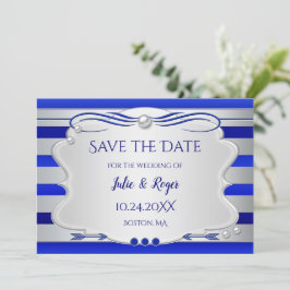 Blau-Silber-Streifen-Foto Save the Date-Karte Date