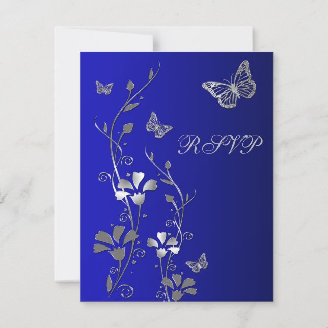 Blau, silbere Blüte mit Schmetterlingskarte 2 RSVP Karte (Vorderseite)