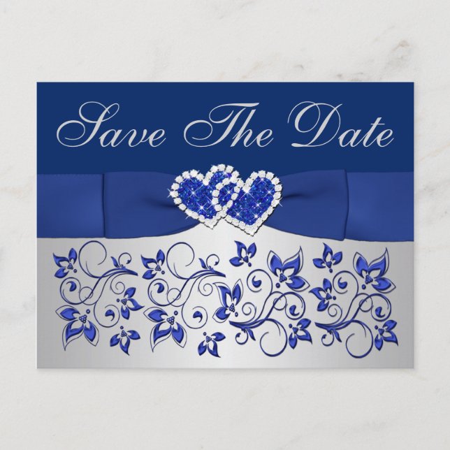 Blau, Silbergrau, Blüten Save the Date Postkarte (Vorderseite)