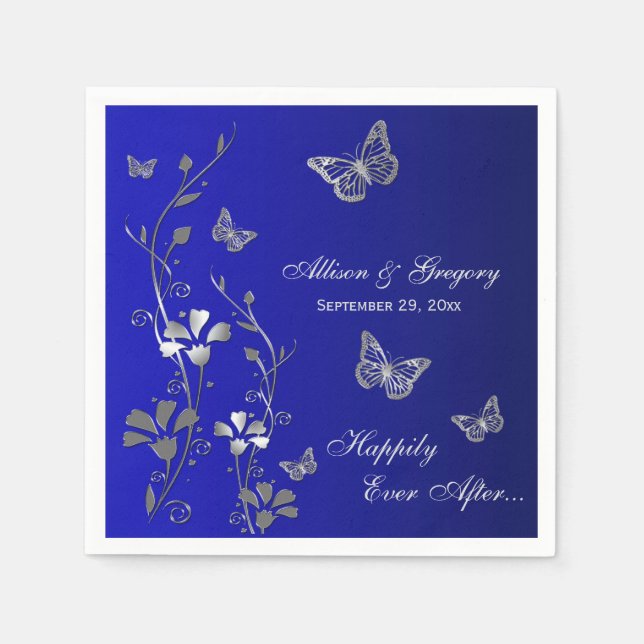 Blau, Silbergrau Schmetterling Blumenpapier Napkin Serviette (Vorderseite)