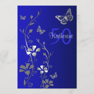 Blau, silberne Blumen u. Schmetterlings-50. Einladung