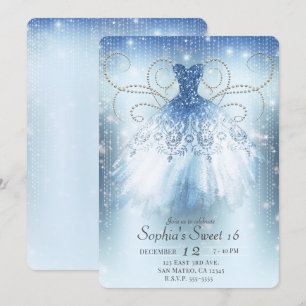 Blau silbernes Prinzessinnen Glitterkleid Sweet 16 Einladung