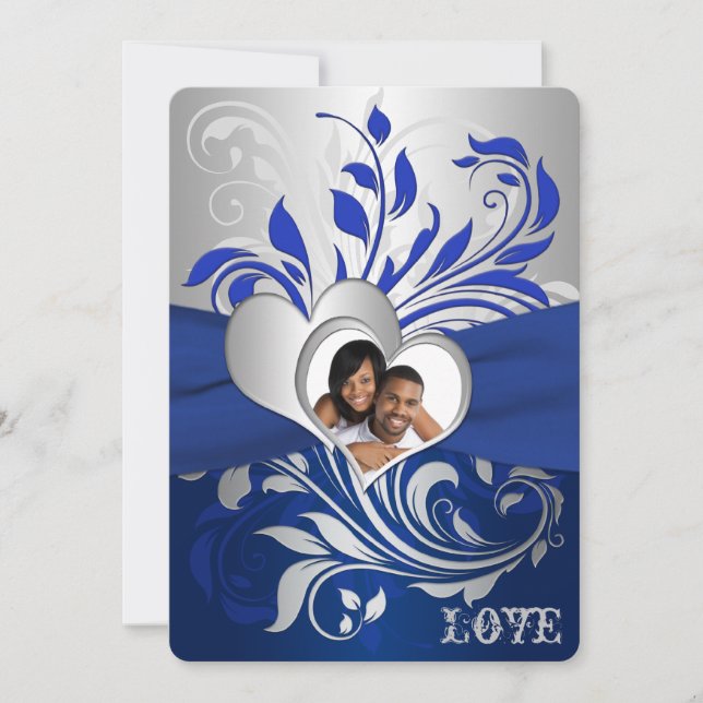 Blau, Silberstreifen, Herz-Foto-Hochzeitsempfang Einladung (Vorderseite)