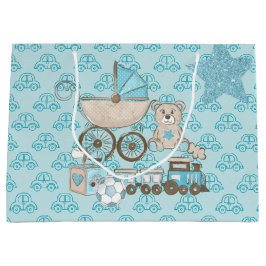 BLAU & TAN GLITZER SEHEN BABY BOY TEDDY BEARS TRAI GROßE GESCHENKTÜTE