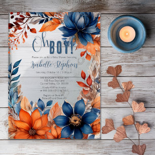 Blau   Terracotta Oh Boy Fall Floral Baby Dusche Acryleinladungen