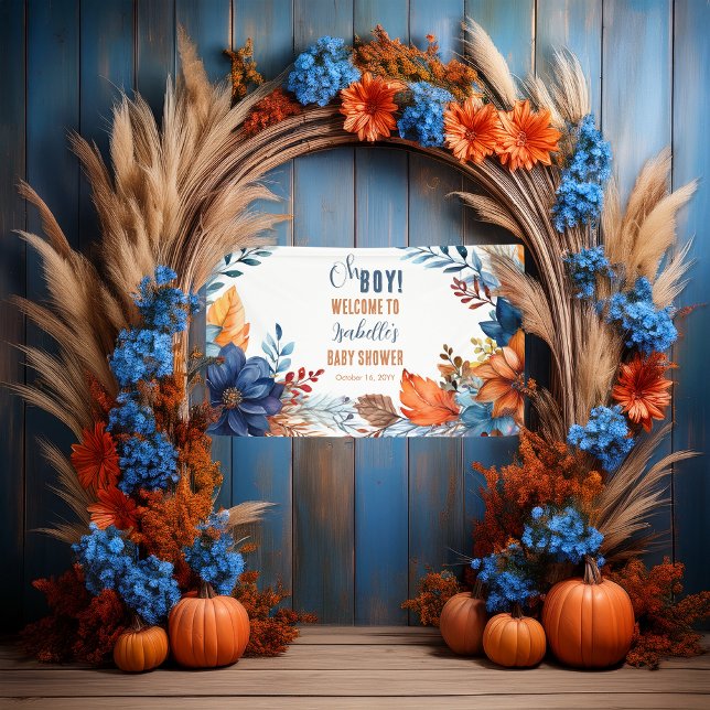 Blau | Terracotta Oh Boy Fall Floral Baby Dusche Banner (Boho Blue and Terracotta Fall |  Autumn Floral "Oh Boy!" Baby Shower Banner)