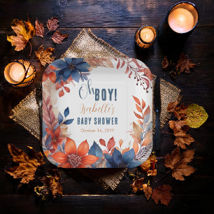 Blau   Terracotta Oh Boy Fall Floral Baby Dusche Pappteller