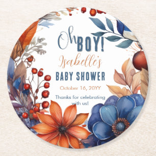 Blau   Terracotta Oh Boy Fall Floral Baby Dusche Runder Pappuntersetzer