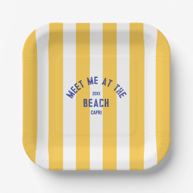 Blau trifft mich am Strand gelben Cabana Streifen Pappteller (Vorderseite)