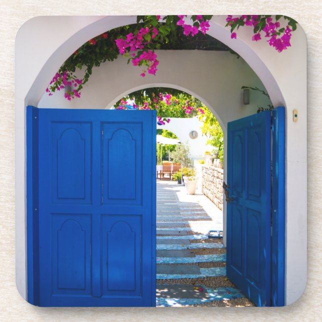 Blau-Tür im griechischen und türkischen Stil Getränkeuntersetzer (Vorderseite)