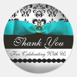 BLAU TURQUASE UND WEISSE DAMASK RIBBON Aquamarine Runder Aufkleber