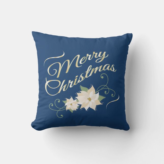 Blau-u. Goldfrohe Weihnachten u. weiße Poinsettias Kissen (Vorderseite)