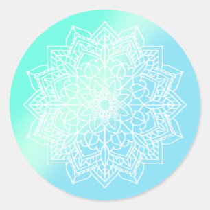 Blau und Aquamarin Mandala Runder Aufkleber
