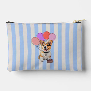 Blau und beige gestreifte Corgi-Geburtstagsfeier Zubehörtasche