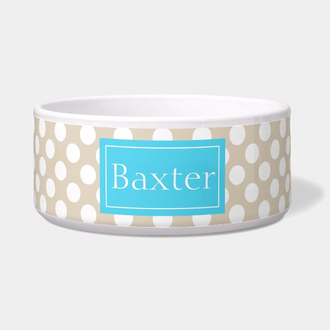Blau und Beige Polka-Punkte-Muster mit Namen Napf (Vorderseite)