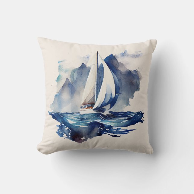 Blau und Beige Sailboat Kissen Kissen (Vorderseite)