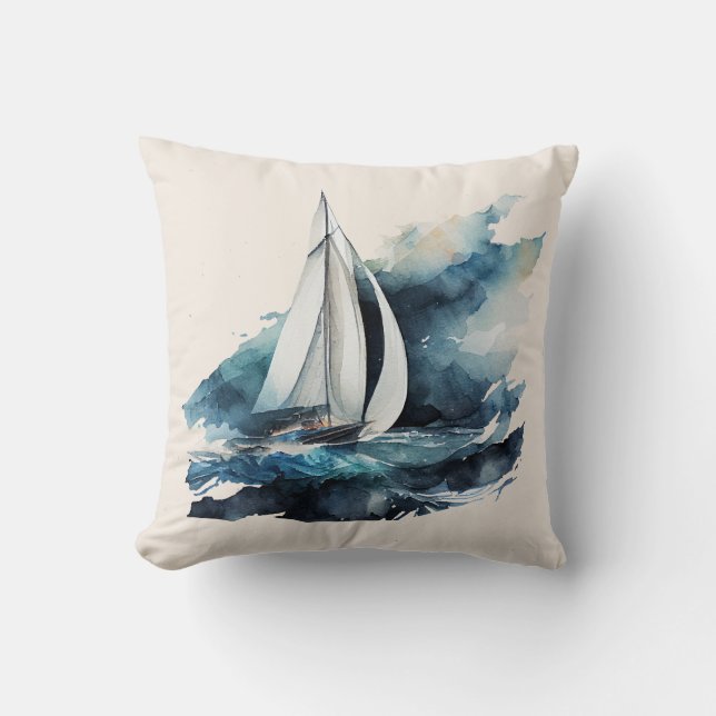 Blau und Beige Sailboat Kissen Kissen (Vorderseite)