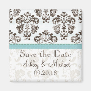 Blau und braun Damask Speichern des Datumsfelds Magnet
