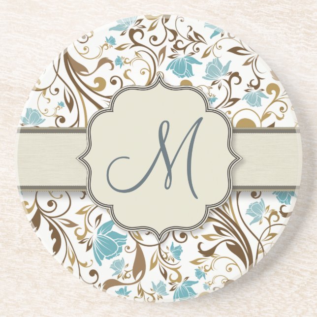 Blau und Brownblumenrebe-Muster mit Monogramm Untersetzer (Vorne)