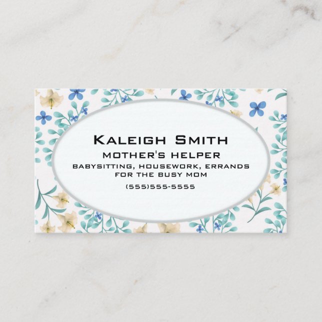 Blau und Creme floral auf dem Helfer der Weißen Mu Telefonnummerkarte (Vorderseite)