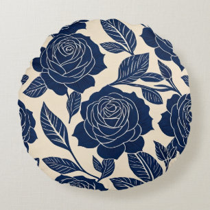 Blau und cremefarben Stilvolle Rose Rundes Kissen