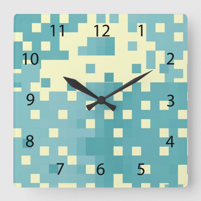 Blau- und Cyan-Pixelmuster Quadratische Wanduhr (Vorderseite)