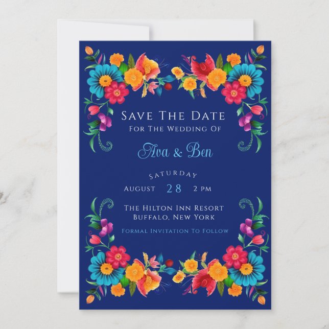 Blau und farbenfroh Fiesta floral Speichern Sie di Einladung (Vorderseite)
