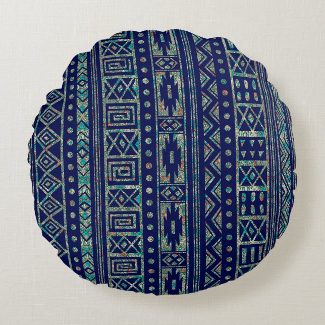 Blau und farbenfrohe Tribal Geometrie Muster Rundes Kissen (Vorderseite)