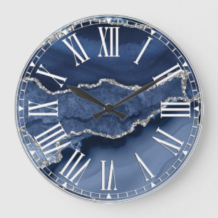Blau und Faux Silber Glitter Marmor Achat Große Wanduhr