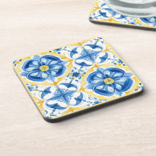 💛💙 Blau und Gelb, Aquarellblüten Azulejos Getränkeuntersetzer