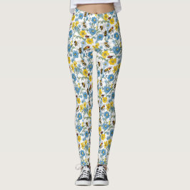 Blau und Gelb Blüte mit Bienen weiß Leggings