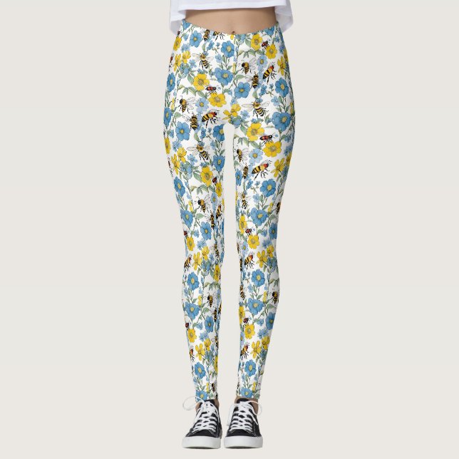 Blau und Gelb Blüte mit Bienen weiß Leggings (Vorderseite)
