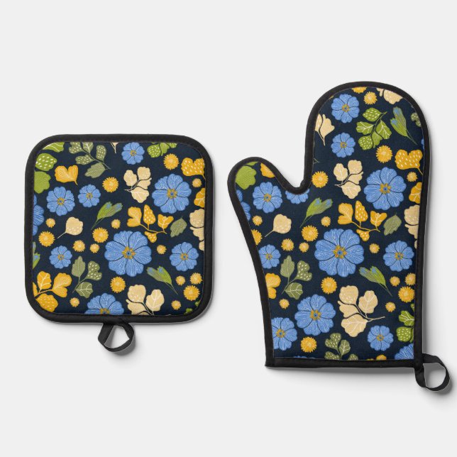 Blau und Gelb BlütenhandGezeichnet Ofenhandschuh & Topflappen-Set (Vorderseite)